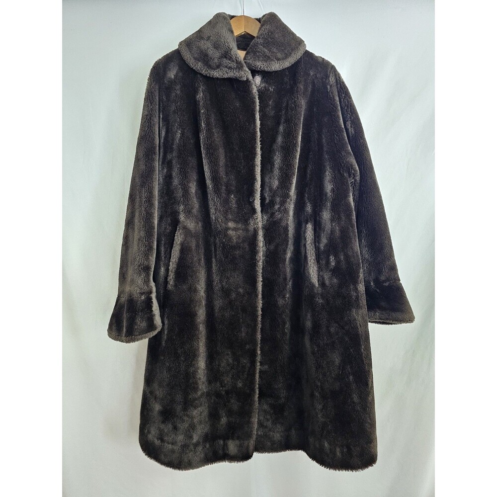 Vintage Brown Faux Fur Swing Coat Plush Satin Lined Womens Jacket Heavy Winter M